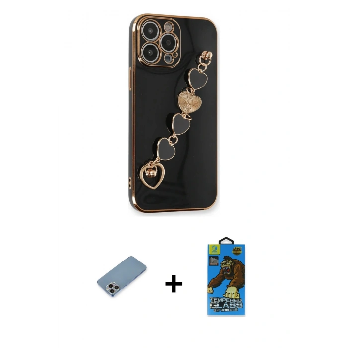 MARSİLYAN™- iPhone 13 Pro Max Kılıf Nova Işık Prime - Siyah 18D Cam Ekran Koruyucu + Shine Kamera Lens Koruma Cam - GI