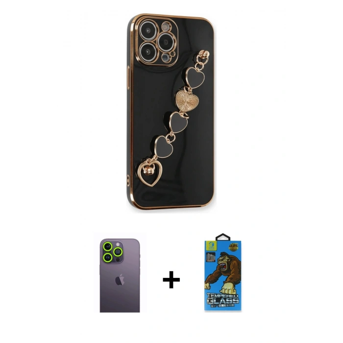 MARSİLYAN™- iPhone 13 Pro Max Kılıf Nova Işık Prime - Siyah 18D Cam Ekran Koruyucu + Neon Fosforlu Kamera Lens - YL