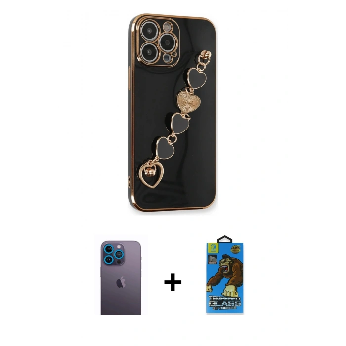 MARSİLYAN™- iPhone 13 Pro Max Kılıf Nova Işık Prime - Siyah 18D Cam Ekran Koruyucu + Neon Fosforlu Kamera Lens - MI