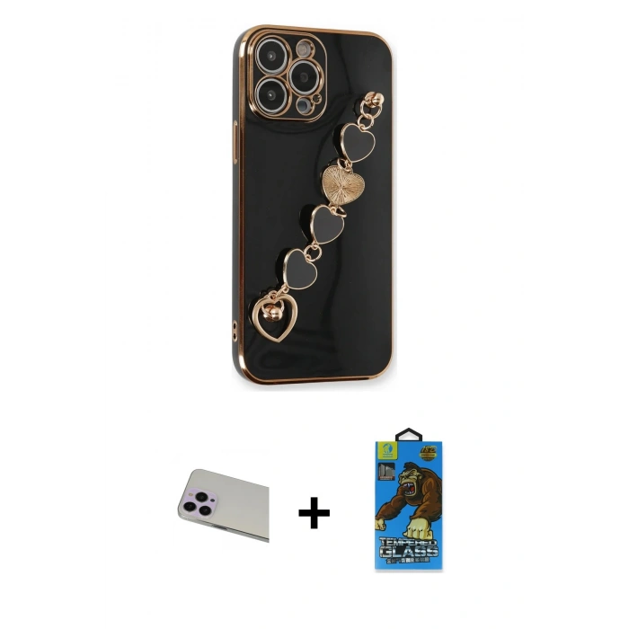 MARSİLYAN™- iPhone 13 Pro Max Kılıf Nova Işık Prime - Siyah 18D Cam Ekran Koruyucu + Rainbow Kamera Lens Koruma Cam - MR