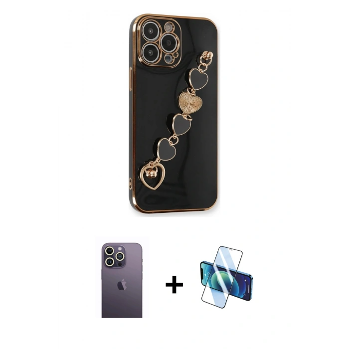 MARSİLYAN™- iPhone 13 Pro Max Kılıf Nova Işık Prime - Siyah 3D Antistatik Cam Ekran Koruyucu + Neon Fosforlu Kamera Lens - BZ