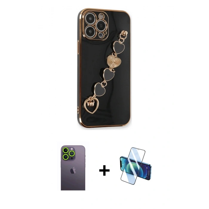 MARSİLYAN™- iPhone 13 Pro Max Kılıf Nova Işık Prime - Siyah 3D Antistatik Cam Ekran Koruyucu + Neon Fosforlu Kamera Lens - YL