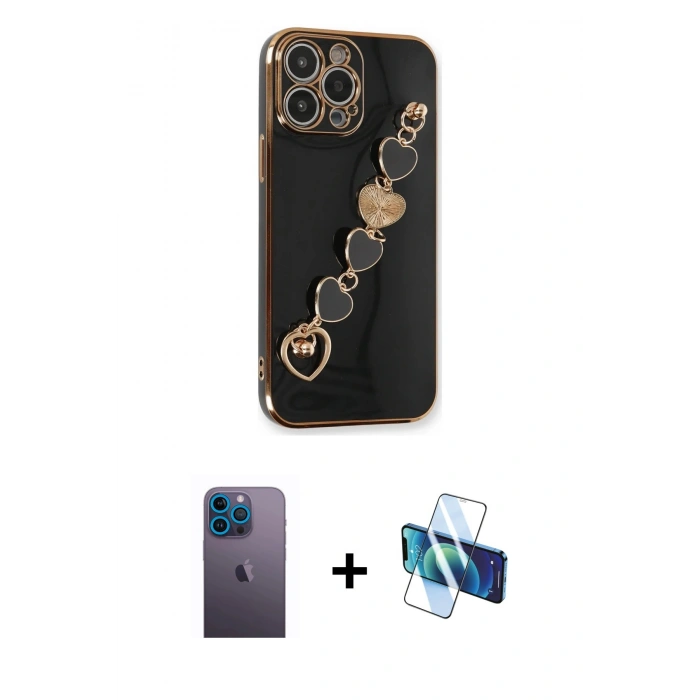 MARSİLYAN™- iPhone 13 Pro Max Kılıf Nova Işık Prime - Siyah 3D Antistatik Cam Ekran Koruyucu + Neon Fosforlu Kamera Lens - MI
