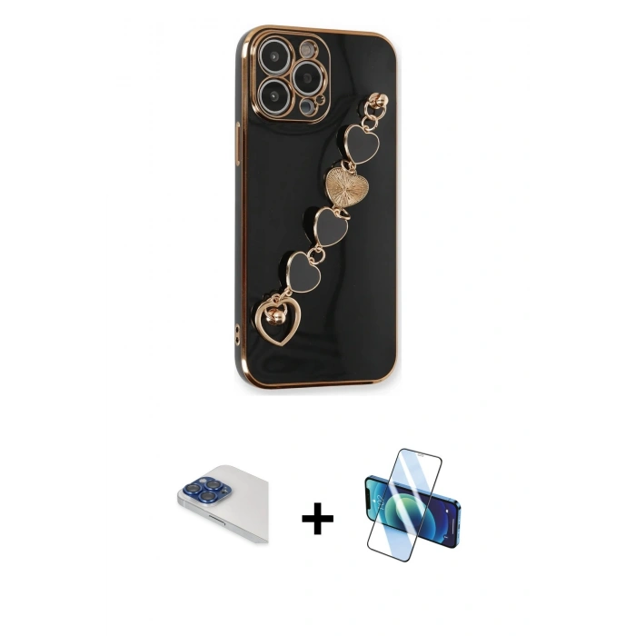 MARSİLYAN™- iPhone 13 Pro Max Kılıf Nova Işık Prime - Siyah 3D Antistatik Cam Ekran Koruyucu + Pers Alüminyum Kamera Lens - LT