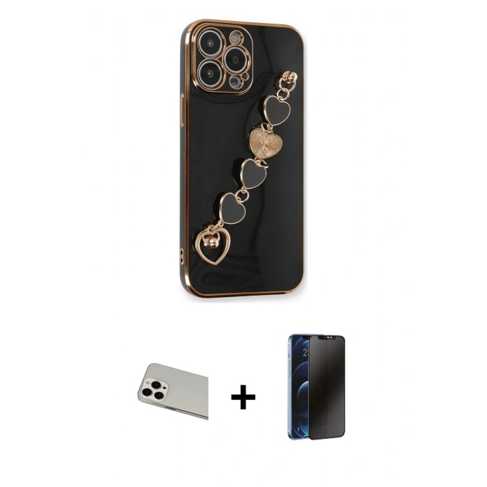 MARSİLYAN™- iPhone 13 Pro Max Kılıf Nova Işık Prime - Siyah 3D Antistatik Hayalet Cam Ekran Koruyucu + Rainbow Kamera Lens Koruma Cam - BZ