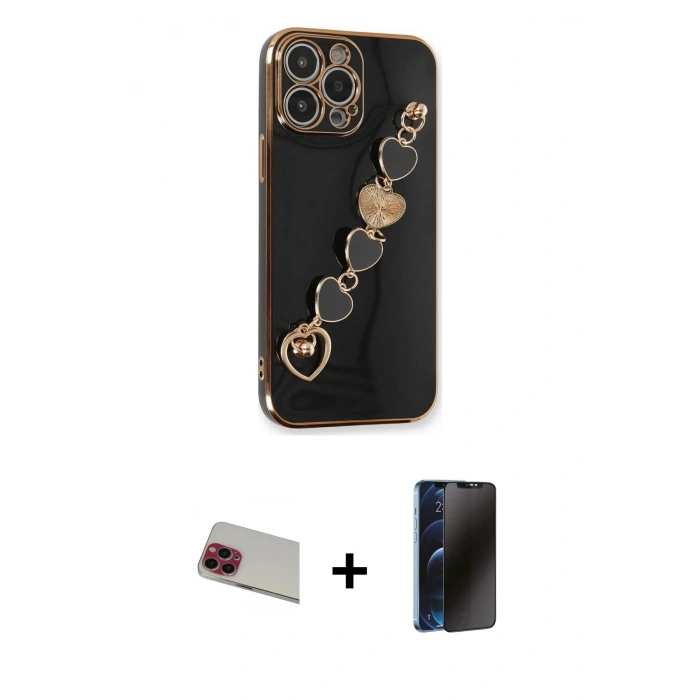 MARSİLYAN™- iPhone 13 Pro Max Kılıf Nova Işık Prime - Siyah 3D Antistatik Hayalet Cam Ekran Koruyucu + Rainbow Kamera Lens Koruma Cam - KI