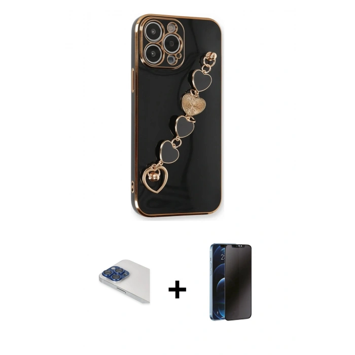 MARSİLYAN™- iPhone 13 Pro Max Kılıf Nova Işık Prime - Siyah 3D Antistatik Hayalet Cam Ekran Koruyucu + Pers Alüminyum Kamera Lens - LT