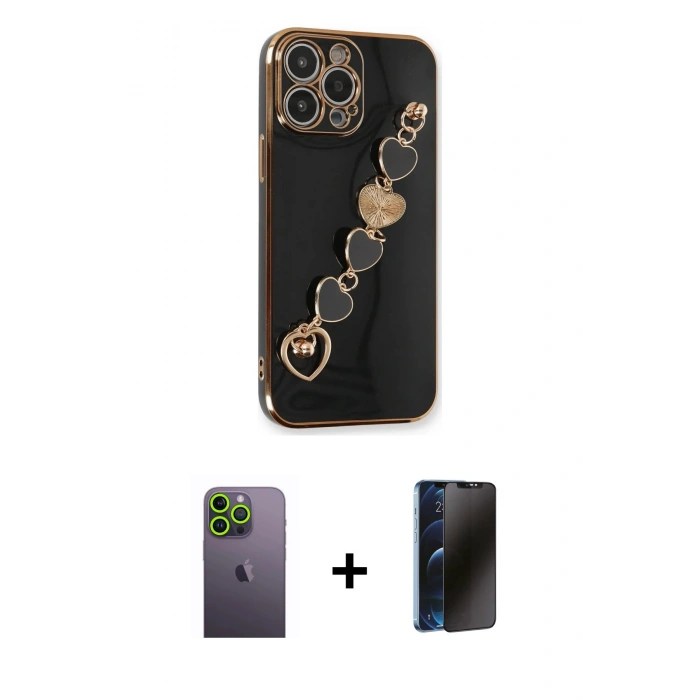MARSİLYAN™- iPhone 13 Pro Max Kılıf Nova Işık Prime - Siyah 3D Antistatik Hayalet Cam Ekran Koruyucu + Neon Fosforlu Kamera Lens - YL