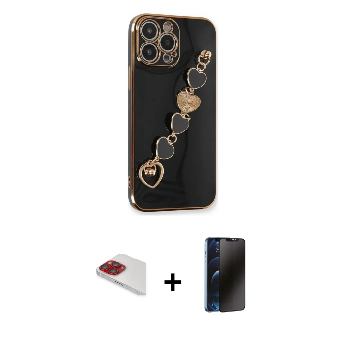 MARSİLYAN™- iPhone 13 Pro Max Kılıf Nova Işık Prime - Siyah 3D Antistatik Hayalet Cam Ekran Koruyucu + Pers Alüminyum Kamera Lens - KI