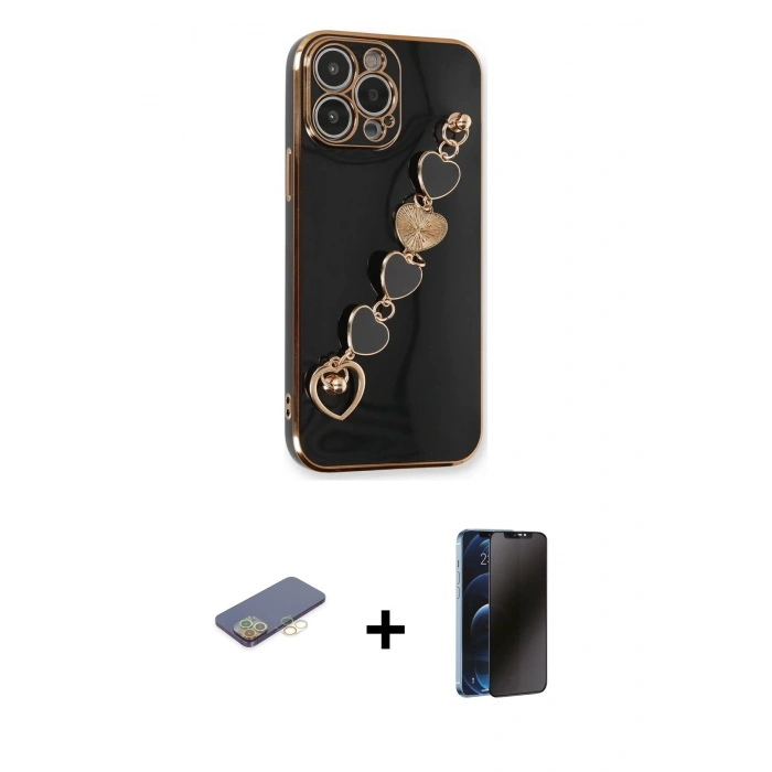 MARSİLYAN™- iPhone 13 Pro Max Kılıf Nova Işık Prime - Siyah 3D Antistatik Hayalet Cam Ekran Koruyucu + Renkli Kamera Lens Koruma Cam - SI