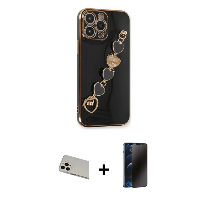 MARSİLYAN™- iPhone 13 Pro Max Kılıf Nova Işık Prime - Siyah 3D Antistatik Hayalet Cam Ekran Koruyucu + Rainbow Kamera Lens Koruma Cam - REGD