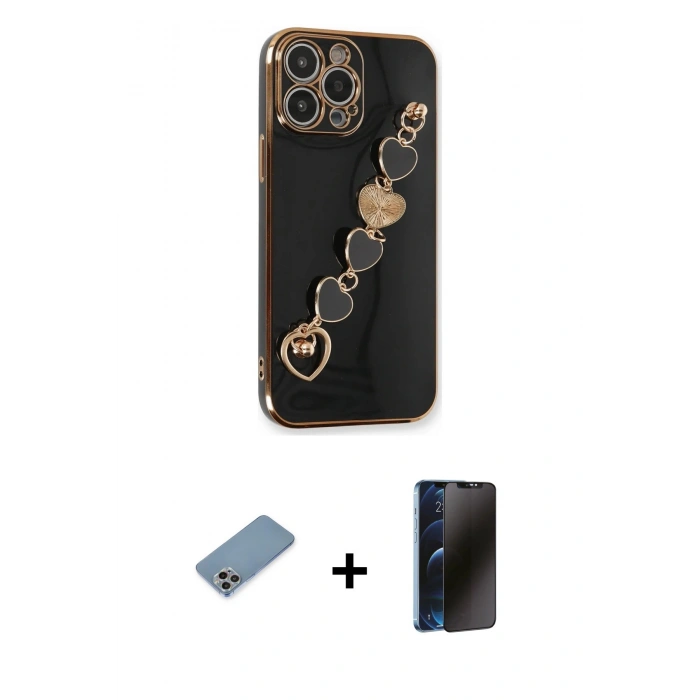 MARSİLYAN™- iPhone 13 Pro Max Kılıf Nova Işık Prime - Siyah 3D Antistatik Hayalet Cam Ekran Koruyucu + Shine Kamera Lens Koruma Cam - GI