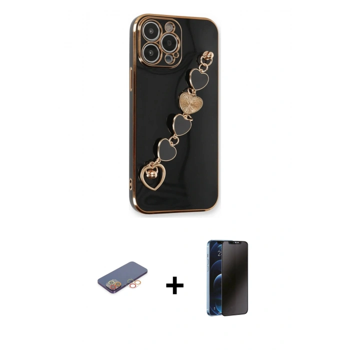 MARSİLYAN™- iPhone 13 Pro Max Kılıf Nova Işık Prime - Siyah 3D Antistatik Hayalet Cam Ekran Koruyucu + Renkli Kamera Lens Koruma Cam - TU