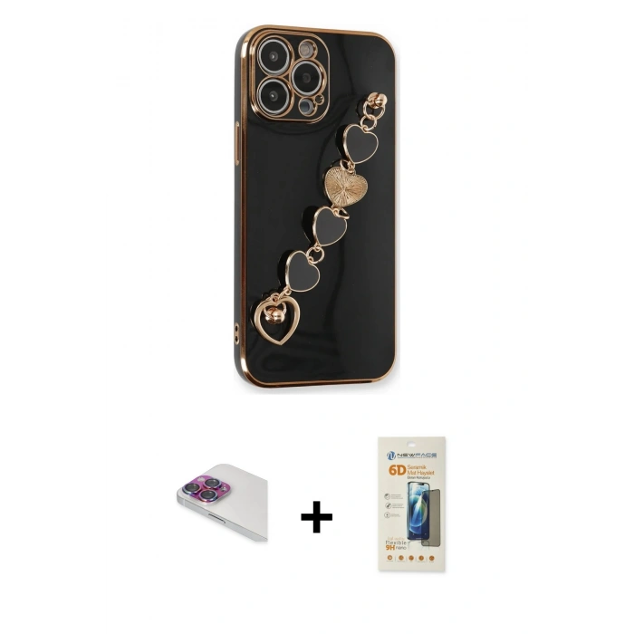 MARSİLYAN™- iPhone 13 Pro Max Kılıf Nova Işık Prime - Siyah 6D Mat Seramik Hayalet Nano Ekran Koruyucu + Gökkuşağı Pers Alüminyum Kamera Lens