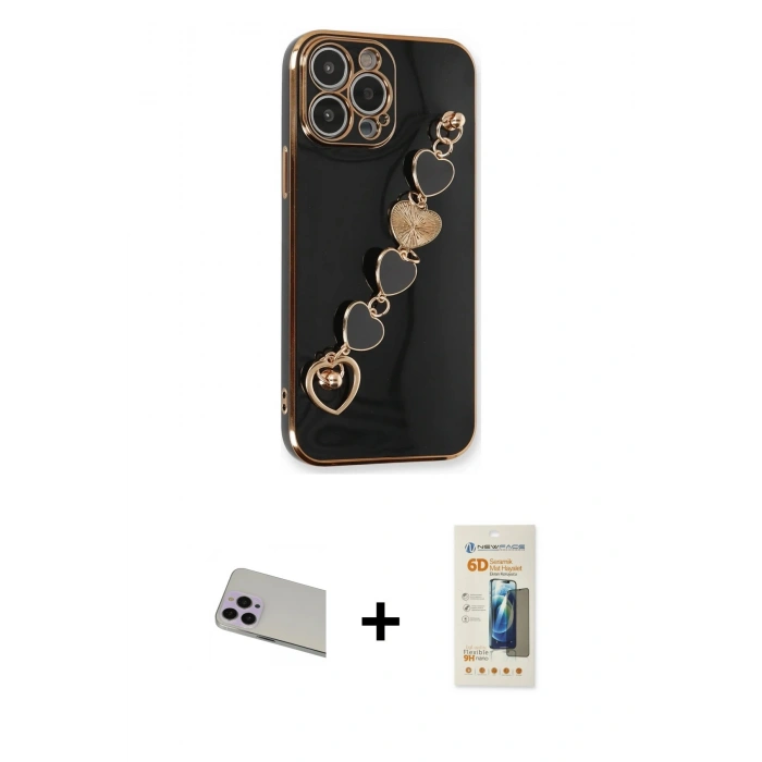 MARSİLYAN™- iPhone 13 Pro Max Kılıf Nova Işık Prime - Siyah 6D Mat Seramik Hayalet Nano Ekran Koruyucu + Mor Rainbow Kamera Lens Koruma Cam