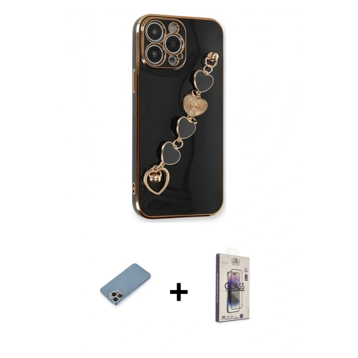 MARSİLYAN™- iPhone 13 Pro Max Kılıf Nova Işık Prime - Siyah Bilvis 3D Cam Ekran Koruyucu + Gökkuşağı Shine Kamera Lens Koruma Cam