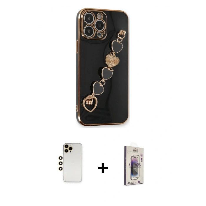 MARSİLYAN™- iPhone 13 Pro Max Kılıf Nova Işık Prime - Siyah Bilvis 3D Cam Ekran Koruyucu + Gold Shine Kamera Lens
