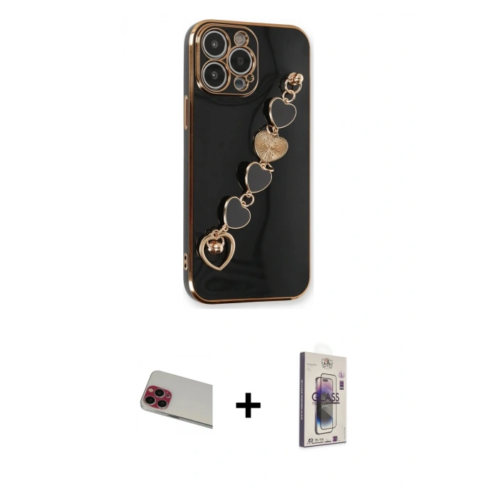 MARSİLYAN™- iPhone 13 Pro Max Kılıf Nova Işık Prime - Siyah Bilvis 3D Cam Ekran Koruyucu + Kırmızı Rainbow Kamera Lens Koruma Cam