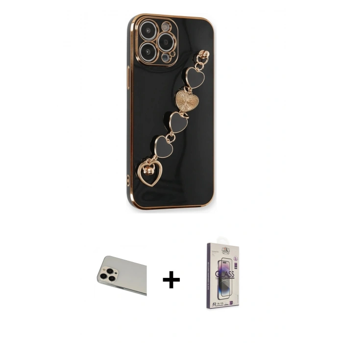 MARSİLYAN™- iPhone 13 Pro Max Kılıf Nova Işık Prime - Siyah Bilvis 3D Cam Ekran Koruyucu + Rose Gold Rainbow Kamera Lens Koruma Cam