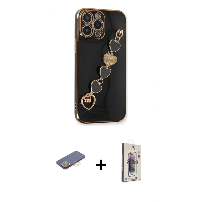 MARSİLYAN™- iPhone 13 Pro Max Kılıf Nova Işık Prime - Siyah Bilvis 3D Cam Ekran Koruyucu + Sarı Renkli Kamera Lens Koruma Cam