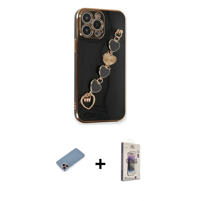 MARSİLYAN™- iPhone 13 Pro Max Kılıf Nova Işık Prime - Siyah Bilvis 3D Cam Ekran Koruyucu + Shine Kamera Lens Koruma Cam - PE