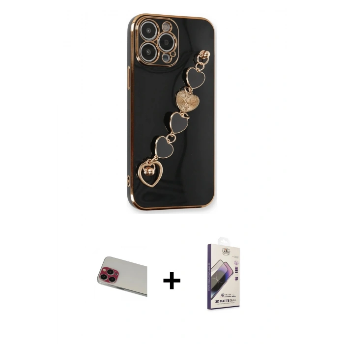 MARSİLYAN™- iPhone 13 Pro Max Kılıf Nova Işık Prime - Siyah Bilvis 3D Mat Cam Ekran Koruyucu + Rainbow Kamera Lens Koruma Cam - KI