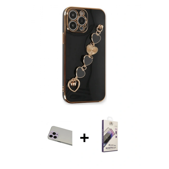 MARSİLYAN™- iPhone 13 Pro Max Kılıf Nova Işık Prime - Siyah Bilvis 3D Mat Cam Ekran Koruyucu + Rainbow Kamera Lens Koruma Cam - MR
