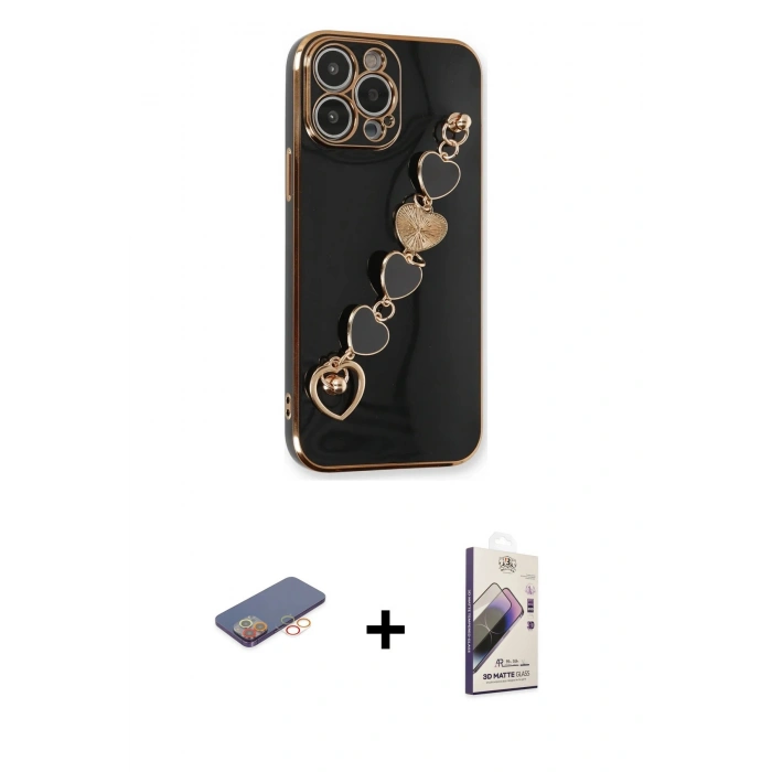 MARSİLYAN™- iPhone 13 Pro Max Kılıf Nova Işık Prime - Siyah Bilvis 3D Mat Cam Ekran Koruyucu + Renkli Kamera Lens Koruma Cam - TU
