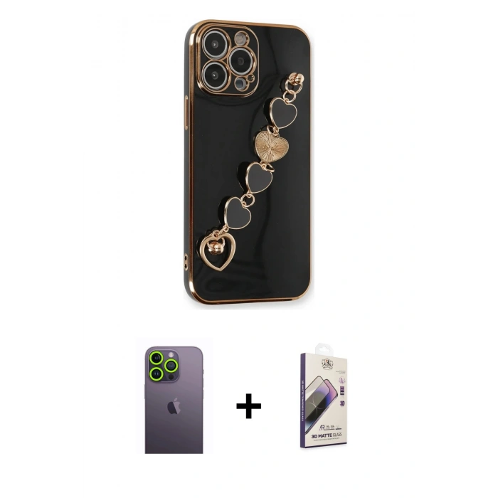 MARSİLYAN™- iPhone 13 Pro Max Kılıf Nova Işık Prime - Siyah Bilvis 3D Mat Cam Ekran Koruyucu + Neon Fosforlu Kamera Lens - YL