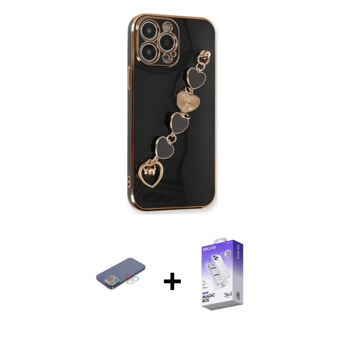 MARSİLYAN™- iPhone 13 Pro Max Kılıf Nova Işık Prime - Siyah Bilvis 5in1 3D Magic Cam Ekran Koruyucu + Mavi Renkli Kamera Lens Koruma Cam