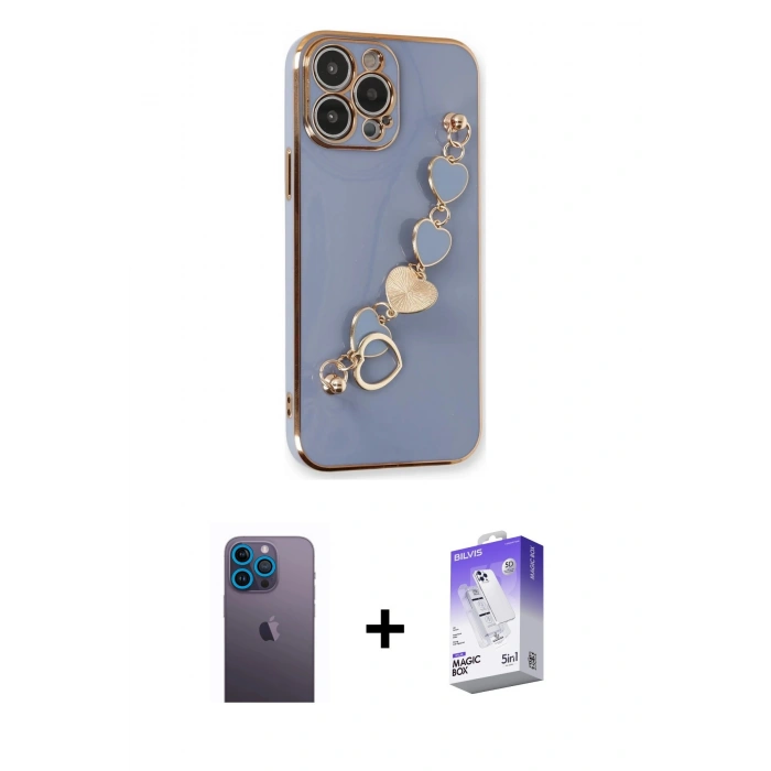 MARSİLYAN™- iPhone 13 Pro Max Kılıf Nova Işık Prime - Siyah Bilvis 5in1 3D Magic Cam Ekran Koruyucu + Mavi Neon Fosforlu Kamera Lens