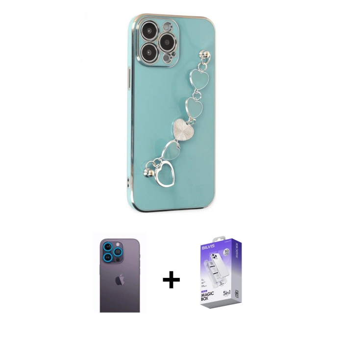 MARSİLYAN™- iPhone 13 Pro Max Kılıf Nova Işık Prime - Siyah Bilvis 5in1 3D Magic Cam Ekran Koruyucu + Mavi Neon Fosforlu Kamera Lens