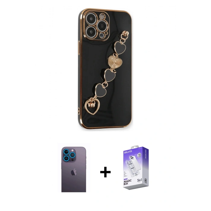 MARSİLYAN™- iPhone 13 Pro Max Kılıf Nova Işık Prime - Siyah Bilvis 5in1 3D Magic Cam Ekran Koruyucu + Mavi Neon Fosforlu Kamera Lens