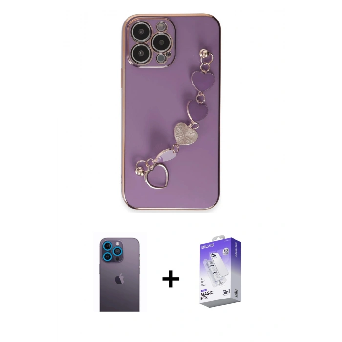 MARSİLYAN™- iPhone 13 Pro Max Kılıf Nova Işık Prime - Siyah Bilvis 5in1 3D Magic Cam Ekran Koruyucu + Mavi Neon Fosforlu Kamera Lens