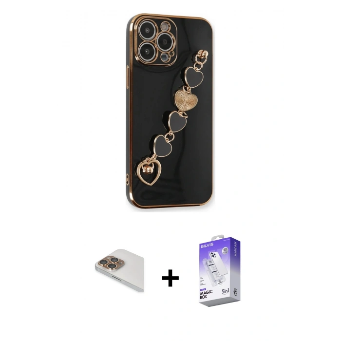 MARSİLYAN™- iPhone 13 Pro Max Kılıf Nova Işık Prime - Siyah Bilvis 5in1 3D Magic Cam Ekran Koruyucu + Pers Alüminyum Kamera Lens - GD
