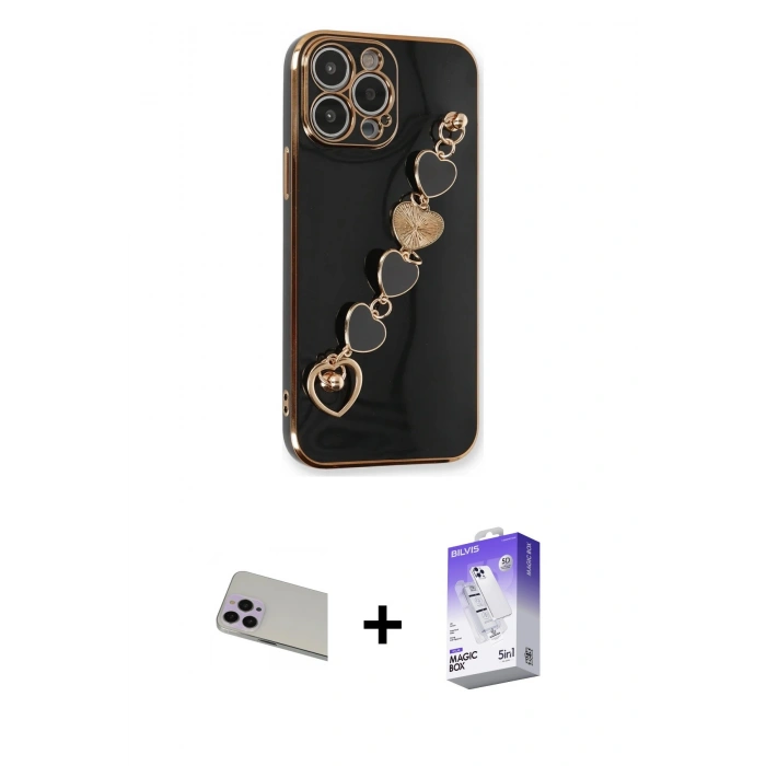MARSİLYAN™- iPhone 13 Pro Max Kılıf Nova Işık Prime - Siyah Bilvis 5in1 3D Magic Cam Ekran Koruyucu + Rainbow Kamera Lens Koruma Cam - MR
