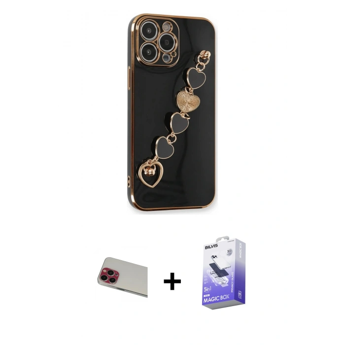 MARSİLYAN™- iPhone 13 Pro Max Kılıf Nova Işık Prime - Siyah Bilvis 5in1 5D Magic Hayalet Cam Ekran Koruyucu + Rainbow Kamera Lens Koruma Cam - KI