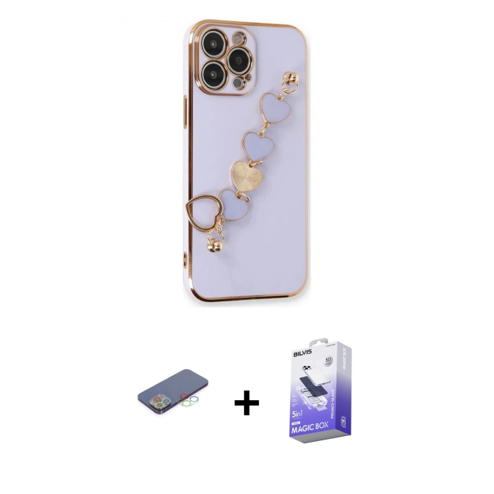 MARSİLYAN™- iPhone 13 Pro Max Kılıf Nova Işık Prime - Siyah Bilvis 5in1 5D Magic Hayalet Cam Ekran Koruyucu + Mavi Renkli Kamera Lens Koruma Cam