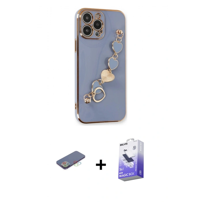 MARSİLYAN™- iPhone 13 Pro Max Kılıf Nova Işık Prime - Siyah Bilvis 5in1 5D Magic Hayalet Cam Ekran Koruyucu + Mavi Renkli Kamera Lens Koruma Cam