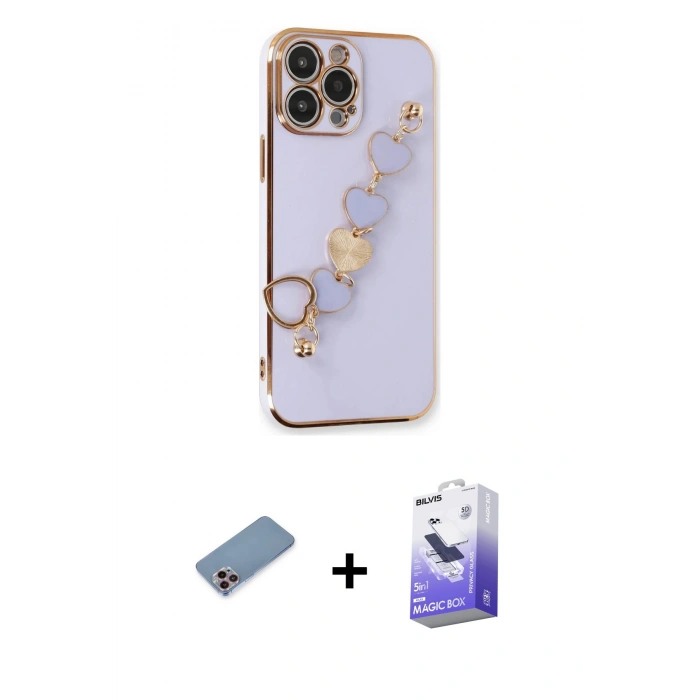 MARSİLYAN™- iPhone 13 Pro Max Kılıf Nova Işık Prime - Siyah Bilvis 5in1 5D Magic Hayalet Cam Ekran Koruyucu + Pembe Shine Kamera Lens Koruma Cam