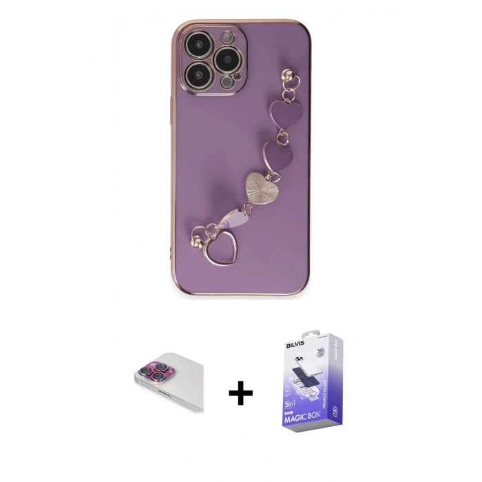 MARSİLYAN™- iPhone 13 Pro Max Kılıf Nova Işık Prime - Siyah Bilvis 5in1 5D Magic Hayalet Cam Ekran Koruyucu + Gökkuşağı Pers Alüminyum Kamera Lens