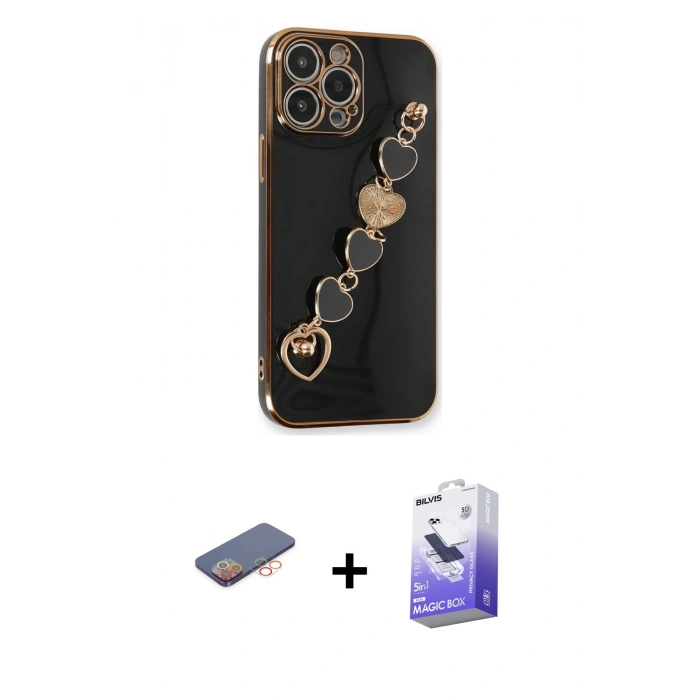 MARSİLYAN™- iPhone 13 Pro Max Kılıf Nova Işık Prime - Siyah Bilvis 5in1 5D Magic Hayalet Cam Ekran Koruyucu + Renkli Kamera Lens Koruma Cam - TU