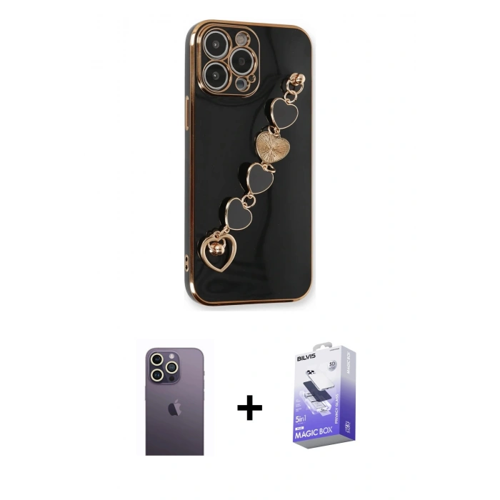 MARSİLYAN™- iPhone 13 Pro Max Kılıf Nova Işık Prime - Siyah Bilvis 5in1 5D Magic Hayalet Cam Ekran Koruyucu + Neon Fosforlu Kamera Lens - BZ