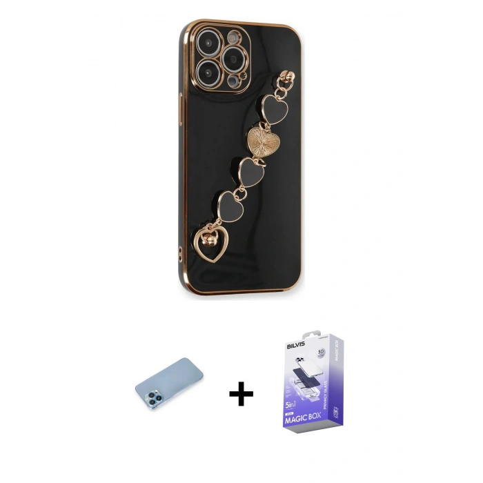 MARSİLYAN™- iPhone 13 Pro Max Kılıf Nova Işık Prime - Siyah Bilvis 5in1 5D Magic Hayalet Cam Ekran Koruyucu + Mavi Shine Kamera Lens Koruma Cam