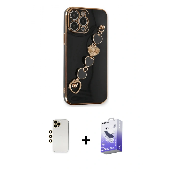 MARSİLYAN™- iPhone 13 Pro Max Kılıf Nova Işık Prime - Siyah Bilvis 5in1 5D Magic Hayalet Cam Ekran Koruyucu + Shine Kamera Lens - GD