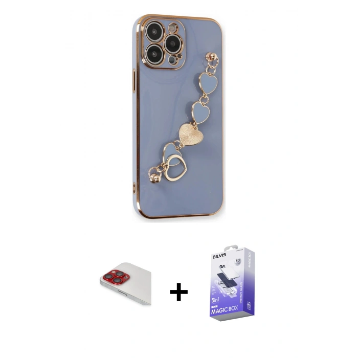 MARSİLYAN™- iPhone 13 Pro Max Kılıf Nova Işık Prime - Siyah Bilvis 5in1 5D Magic Hayalet Cam Ekran Koruyucu + Kırmızı Pers Alüminyum Kamera Lens