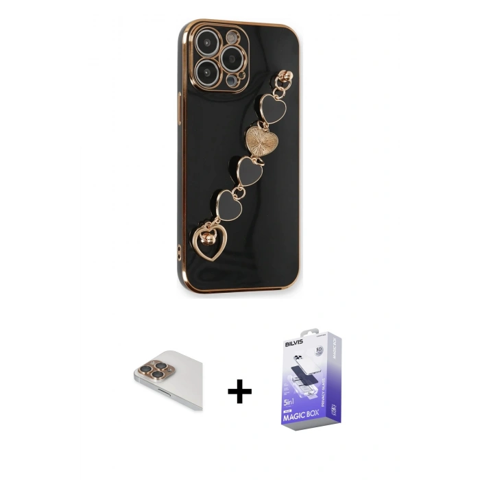 MARSİLYAN™- iPhone 13 Pro Max Kılıf Nova Işık Prime - Siyah Bilvis 5in1 5D Magic Hayalet Cam Ekran Koruyucu + Pers Alüminyum Kamera Lens - GD