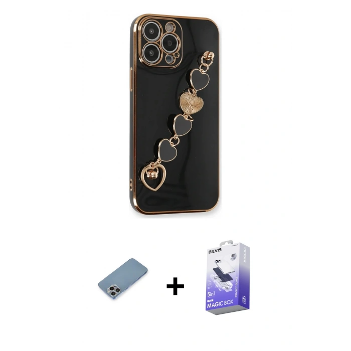 MARSİLYAN™- iPhone 13 Pro Max Kılıf Nova Işık Prime - Siyah Bilvis 5in1 5D Magic Hayalet Cam Ekran Koruyucu + Shine Kamera Lens Koruma Cam - GI