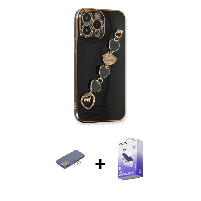 MARSİLYAN™- iPhone 13 Pro Max Kılıf Nova Işık Prime - Siyah Bilvis 5in1 5D Magic Hayalet Cam Ekran Koruyucu + Mavi Renkli Kamera Lens Koruma Cam