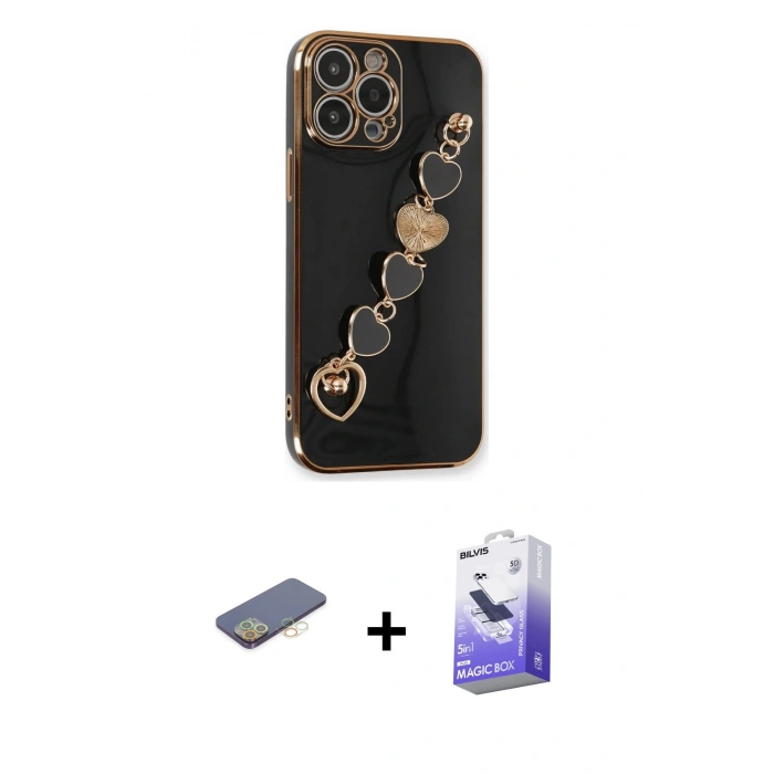 MARSİLYAN™- iPhone 13 Pro Max Kılıf Nova Işık Prime - Siyah Bilvis 5in1 5D Magic Hayalet Cam Ekran Koruyucu + Sarı Renkli Kamera Lens Koruma Cam